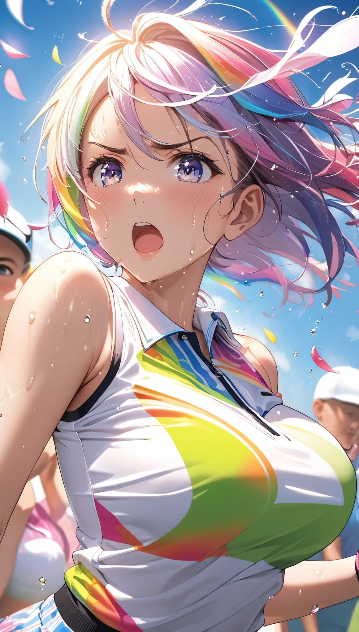 (Sports magazine cover photo), Highest quality, Great quality, 16K, Unbelievably absurd, Very detailed, delicate and dynamic, Natural light, The particles reflect light, Diffuse reflection of light, Many rainbow-colored petals fall, Beautiful field, Sparkling Sun, Diffuse reflection of light, Create amazing image effects, , Wet, sweating, golf, Hitting a Golf Ball, Close-up(Cute sexy girl, big bouncing busts, Sensual expression, Cool girl, Serious, passion, Dynamic, Flashy golf wear, ,audience , much-air-laden cheer)