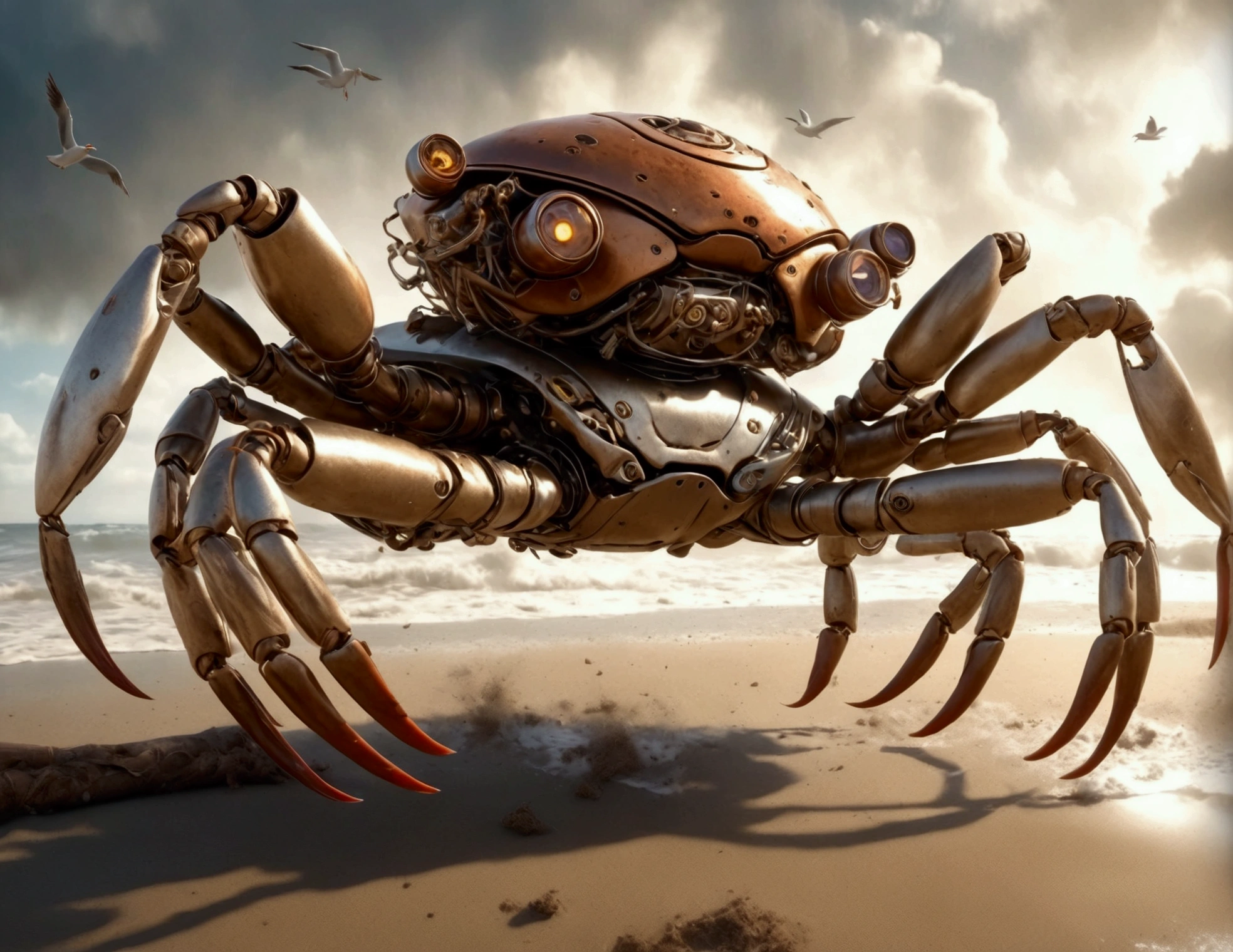 a steam punk crab cyborg, robotic seagull, battle on beach, highly detailed, cinematic, dramatic lighting, gritty, moody, metallic textures, rust, steam effects, explosion effects, epic scale, dynamic poses, photorealistic, 4k, 8k, hyper detailed, award winning concept art