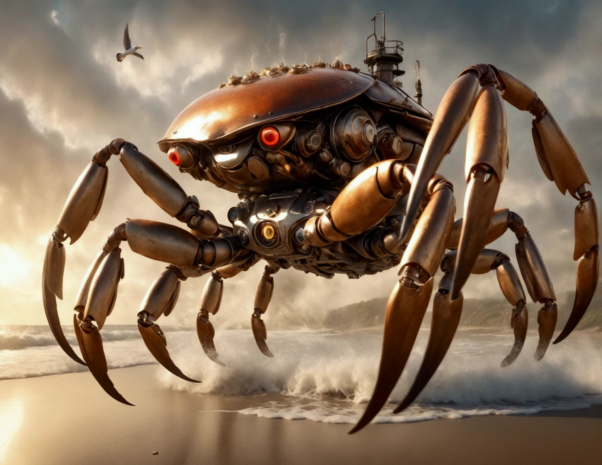 a steam punk crab cyborg, robotic seagull, battle on beach, highly detailed, cinematic, dramatic lighting, gritty, moody, metallic textures, rust, steam effects, explosion effects, epic scale, dynamic poses, photorealistic, 4k, 8k, hyper detailed, award winning concept art