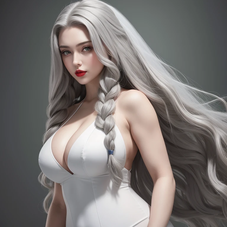 Adult female,Perfect face, red lips, green eyes, woman with long gray hair with very long gray hair, super long gray hair with very super long gray hair, plaits hairstyles, curvy body, bigger chest,big body , huge body,wearing wedding dress, full body suit, perfect body, perfect woman body,high quality, cinematic lighting