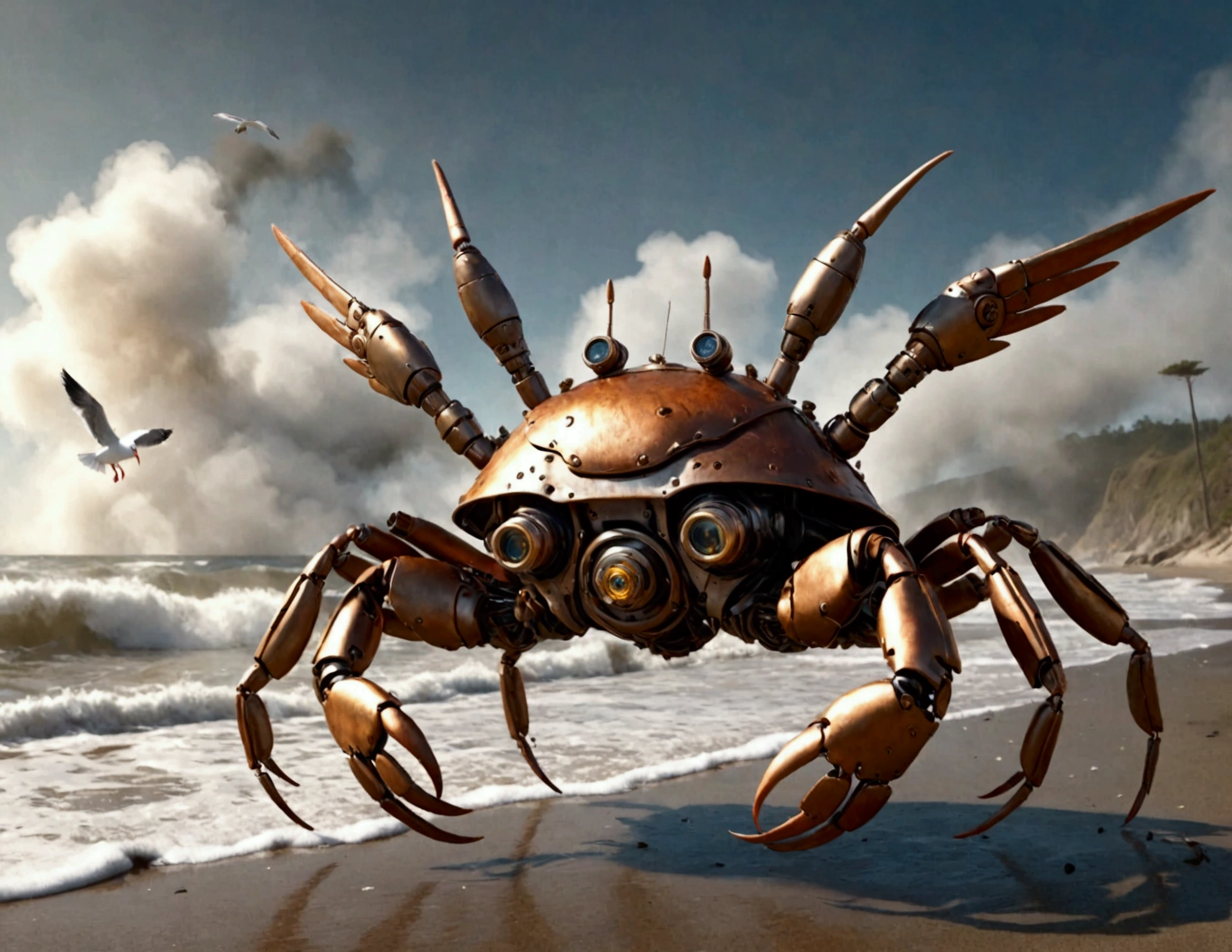 a steam punk crab cyborg, robotic seagull, battle on beach, highly detailed, cinematic, dramatic lighting, gritty, moody, metallic textures, rust, steam effects, explosion effects, epic scale, dynamic poses, photorealistic, 4k, 8k, hyper detailed, award winning concept art