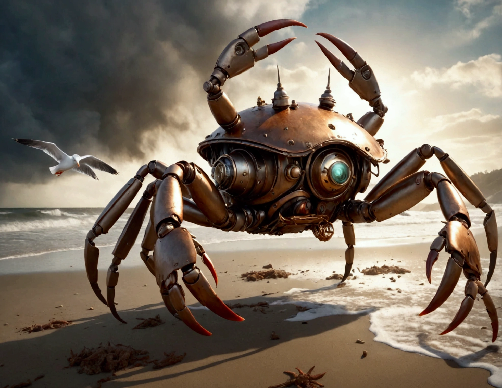 a steam punk crab cyborg, robotic seagull, battle on beach, highly detailed, cinematic, dramatic lighting, gritty, moody, metallic textures, rust, steam effects, explosion effects, epic scale, dynamic poses, photorealistic, 4k, 8k, hyper detailed, award winning concept art