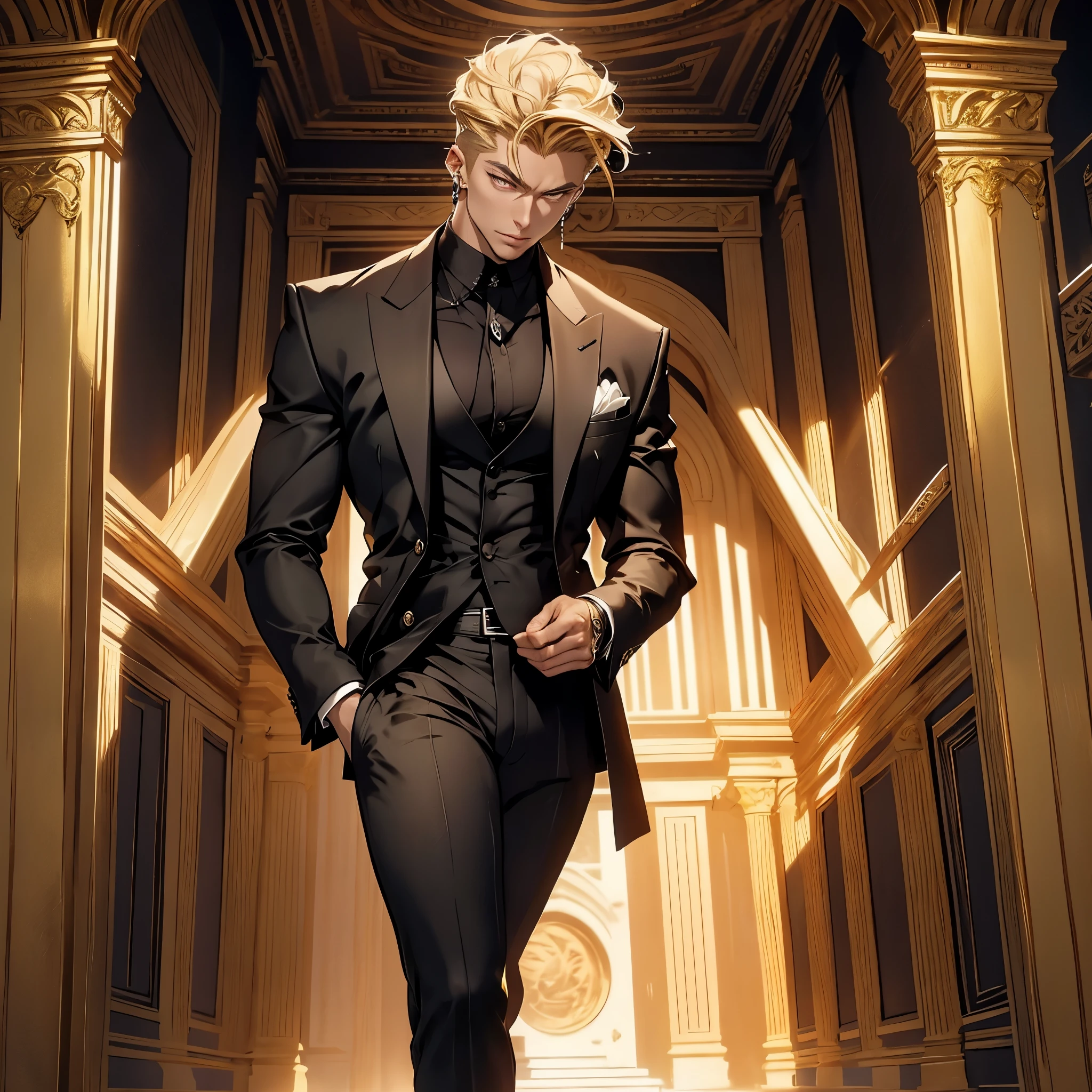 Masculine man with well-defined large and muscular body short blonde hair golden eyes wearing black very revealing dress suit full body character sexy face attractive very masculine. It is located inside a large luxury palace