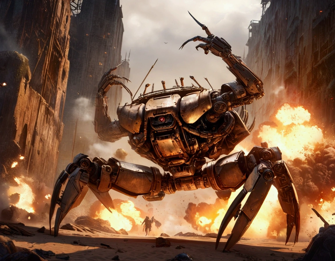 a steam punk crab cyborg, robotic seagull, battle on beach, highly detailed, cinematic, dramatic lighting, gritty, moody, metallic textures, rust, steam effects, explosion effects, epic scale, dynamic poses, photorealistic, 4k, 8k, hyper detailed, award winning concept art