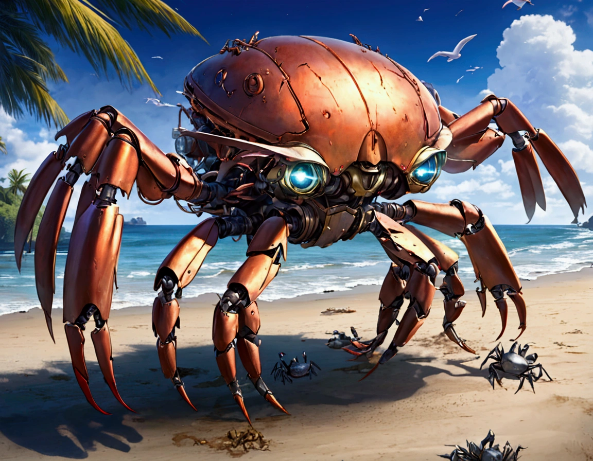 a steam punk crab cyborg, robotic seagull, battle on beach, highly detailed, cinematic, dramatic lighting, gritty, moody, metallic textures, rust, steam effects, explosion effects, epic scale, dynamic poses, photorealistic, 4k, 8k, hyper detailed, award winning concept art