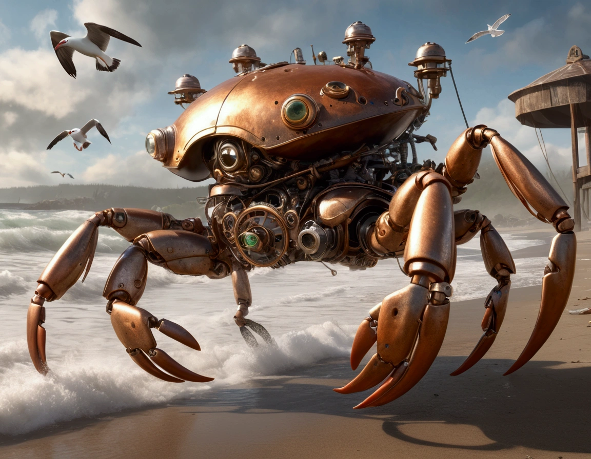 a steam punk crab cyborg, robotic seagull, battle on beach, highly detailed, cinematic, dramatic lighting, gritty, moody, metallic textures, rust, steam effects, explosion effects, epic scale, dynamic poses, photorealistic, 4k, 8k, hyper detailed, award winning concept art