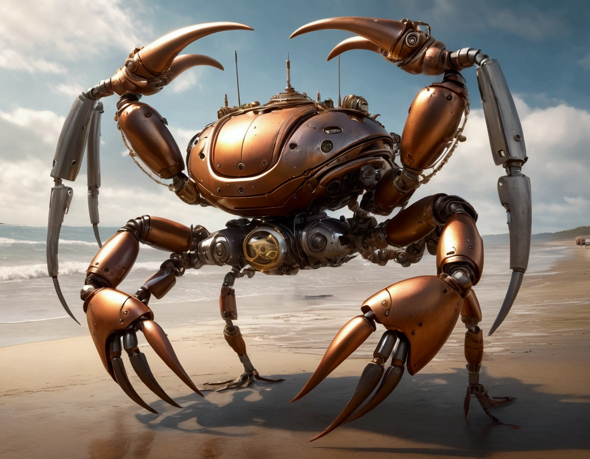 a steam punk crab cyborg, robotic seagull, battle on beach, highly detailed, cinematic, dramatic lighting, gritty, moody, metallic textures, rust, steam effects, explosion effects, epic scale, dynamic poses, photorealistic, 4k, 8k, hyper detailed, award winning concept art