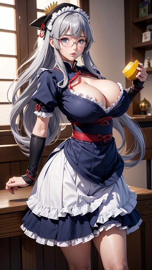 anime(Hyakka Ryouran: Samurai Girls), female  , sexy (very big tits), actress (Hanzo Hattori) ,  Blue eyes , Gray hair that is To Chest length, hair intakes, hat, frills, glasses, multiple ahoge, dress (maid), She was cleaning the ninja's weapons. 