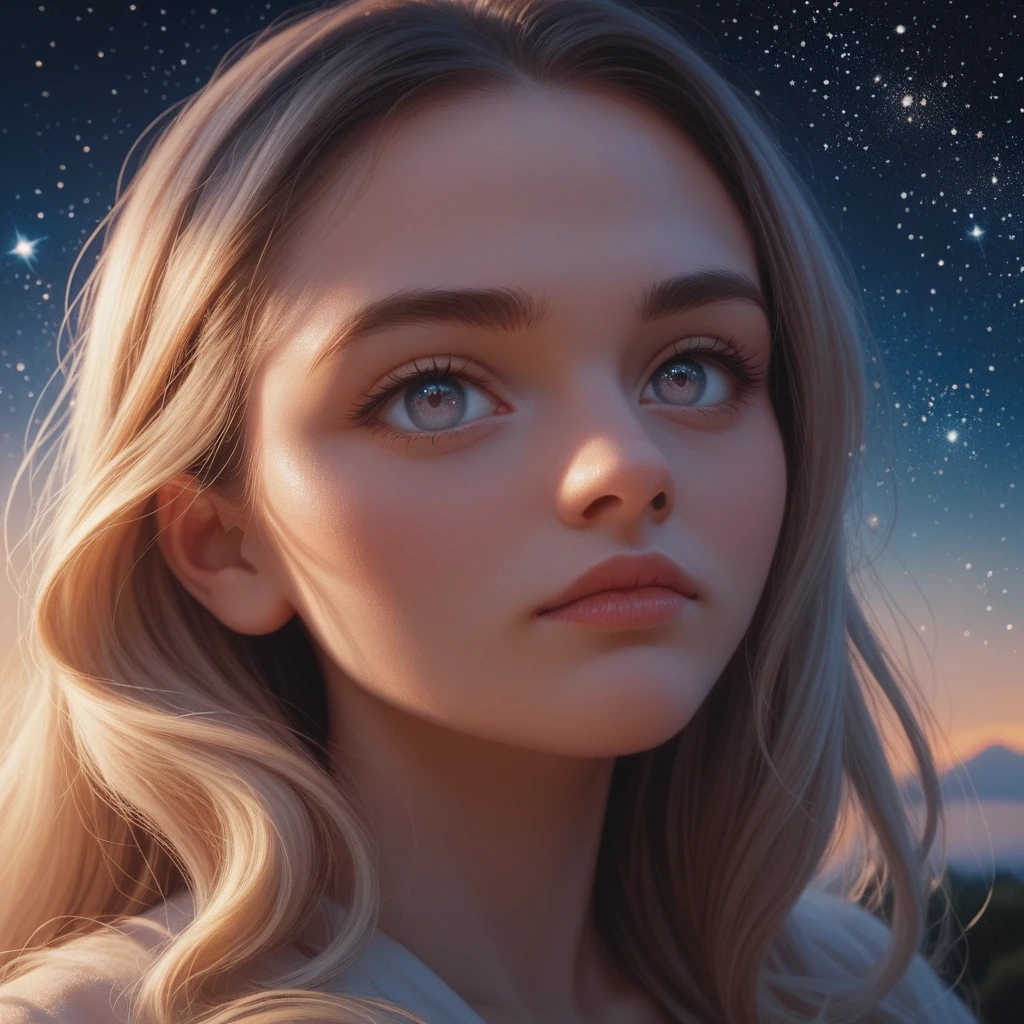 Masterpiece, Superb Girl, Cute Girl, Bust, High Detail Eyes, Perfect Eyes, Portrait, High Detail Face, Same Eyes, Glare, Rainbow Color, Global Illumination, Soft Light, Dream Light, Digital Painting, 8K Close-up, Fantasy, Night Sky, Stars, Nebula, White Crystal, Moonlight, Serenity, Summer, (8K:1.1)