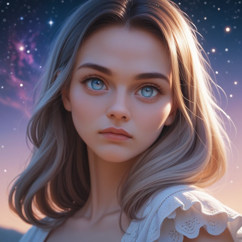 Masterpiece, Superb Girl, Cute Girl, Bust, High Detail Eyes, Perfect Eyes, Portrait, High Detail Face, Same Eyes, Glare, Rainbow Color, Global Illumination, Soft Light, Dream Light, Digital Painting, 8K Close-up, Fantasy, Night Sky, Stars, Nebula, White Crystal, Moonlight, Serenity, Summer, (8K:1.1)
