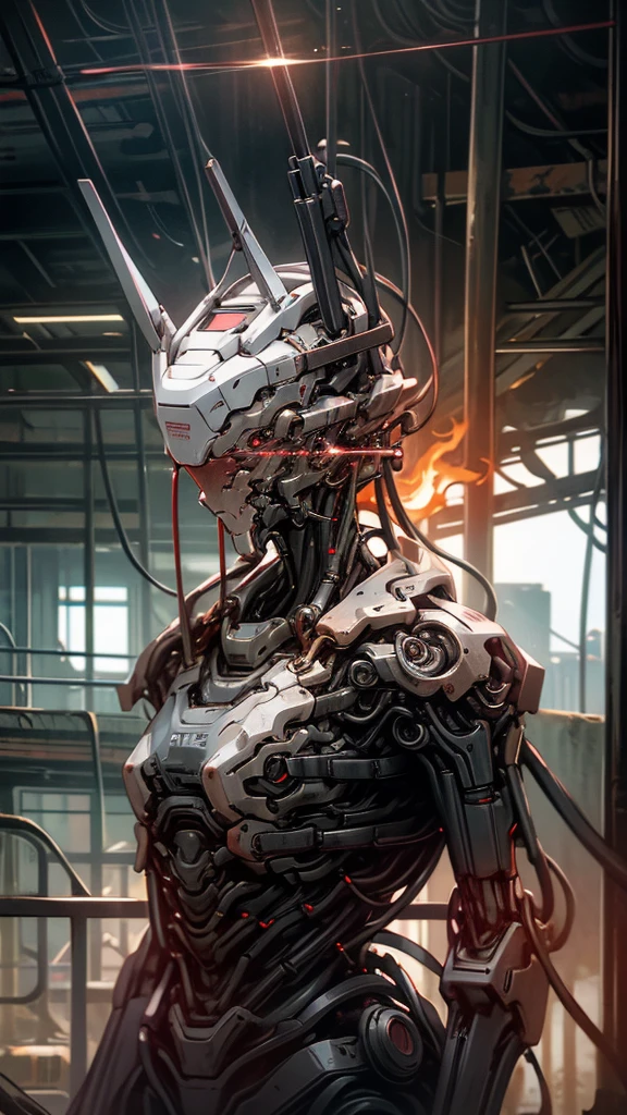 detailed, robotic human, factory warehouse, dirty surfaces, wide view, damaged lower body, loose wires, red lights, body held by chains, faceless, right arm flamethrower,