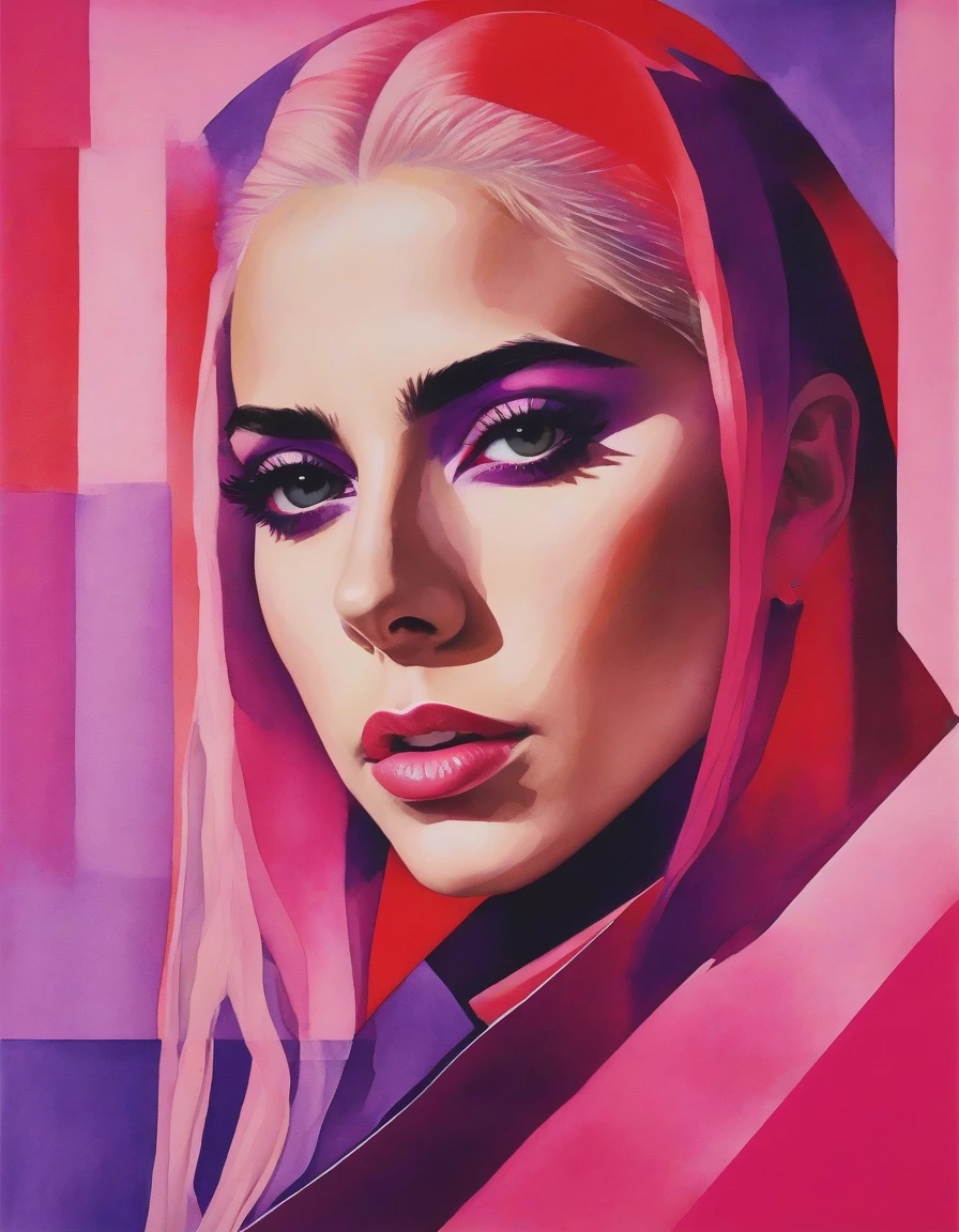 portrait of Lady Gaga celebrity using simple shapes and a pink red purple limited color palette multiple figures singer social realism