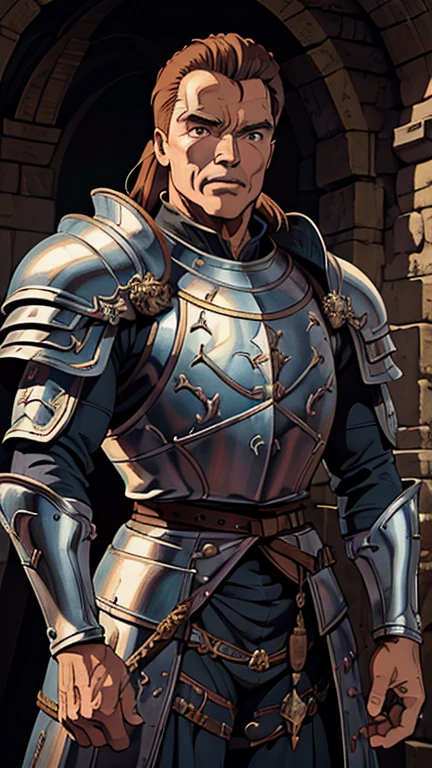 (Arnold Schwarzenegger), (extremely detailed CG unit 8k wallpaper),(master part), (best quality), (ultra detali), (best illustration),(medieval armor), cowboy shot, (Sharp eyeliner, ombre, detailed eyes:1),  dark medieval dungeon background ,break , (ghibli style), upper body