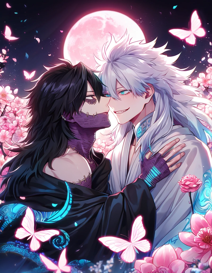 absurdres, highres, ultra detailed, HDR, master piece, best quality, extremely detailed face, delicated features, Dabi, black hair, long hair, expressive turquoise eyes, Boku No Hero Academia, Gojou Satoru, white hair, long hair, expressive blue eyes, two sexy men together, gay couple, yaoi, handsome, white cape, black robes, white robes, accessories, patterns, fantasy, magical, radiant, pink butterflies, pink flowers, night sky, shinning pink moon, blossoms, chinese ambiance 