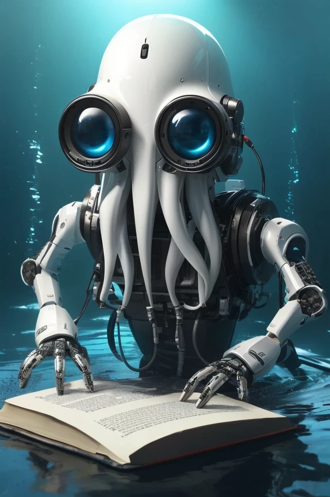 There&#39;s a robot reading a book underwater, Cyborg Octopus, Robot Octopus, mechanical Robot Octopus, Lovecraft&#39;s Minions as Monsters, scifi gadgets in a pond, Anthropomorphic Octopus, Crazy squid, Deep Sea Cyberpunk, Portrait of the Wizard of Squid, Spaghetti Monster, Cthulhu squid, Ultra-realistic concept art, White alien squid, Cute, intricate and spectacular robots