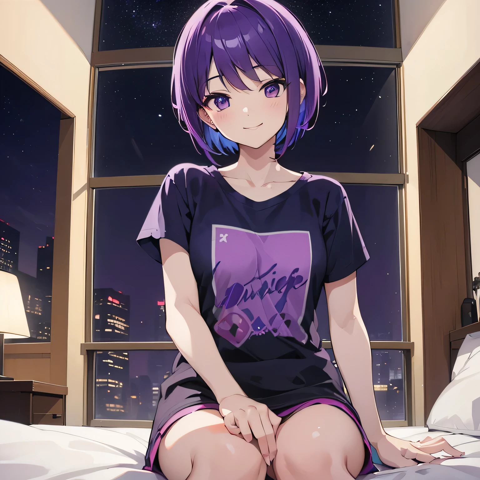 (T Masterpiece,4K wallpaper,Best Quality))、((girl1people))、(solo)、Bright and Brilliant,(Purple Hair)、(short hair:1.3)、smile、Bedroom、T-Shirts、night