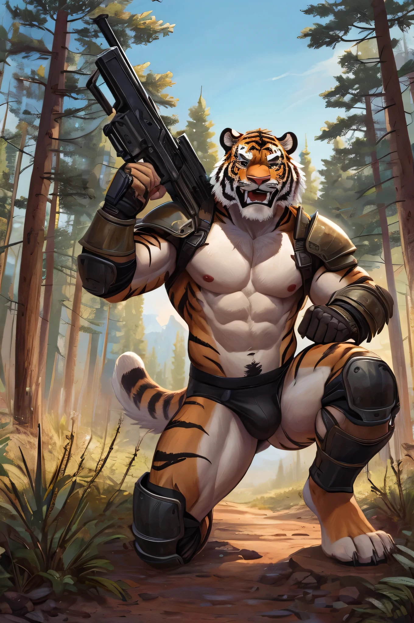 male tiger, eyes, Young adults,strong,elegant,guerrero,attractive body,Tiger Claw,scantily clad(Scapula,armor knee pads ,torn black briefs,Bare chest and abdomen,bare thighs,barefoot),Expression(vigilante,gnashing of teeth),action(Open your legs,Lower your center of gravity,vigilante),alone,Looking angry at the camera,Challenge the camera character to a duel.,Environment(Clearing in open forest,There are few low weeds around.,There are pine trees in the distance.)