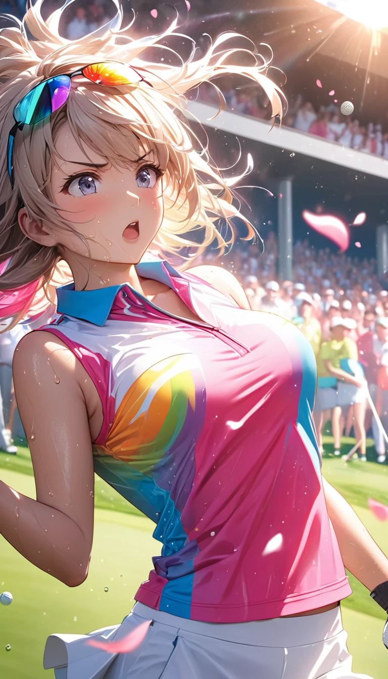 (Sports magazine cover photo), Highest quality, Great quality, 16K, Unbelievably absurd, Very detailed, delicate and dynamic, Natural light, The particles reflect light, Diffuse reflection of light, Many rainbow-colored petals fall, Beautiful field, Sparkling Sun, Diffuse reflection of light, Create amazing image effects, , Wet, sweating, golf, swinging golf driver, Close-up(Cute sexy girl, big bouncing busts, Sensual expression, Cool girl, Serious, passion, Dynamic, Flashy golf wear, ,audience , much-air-laden cheer)