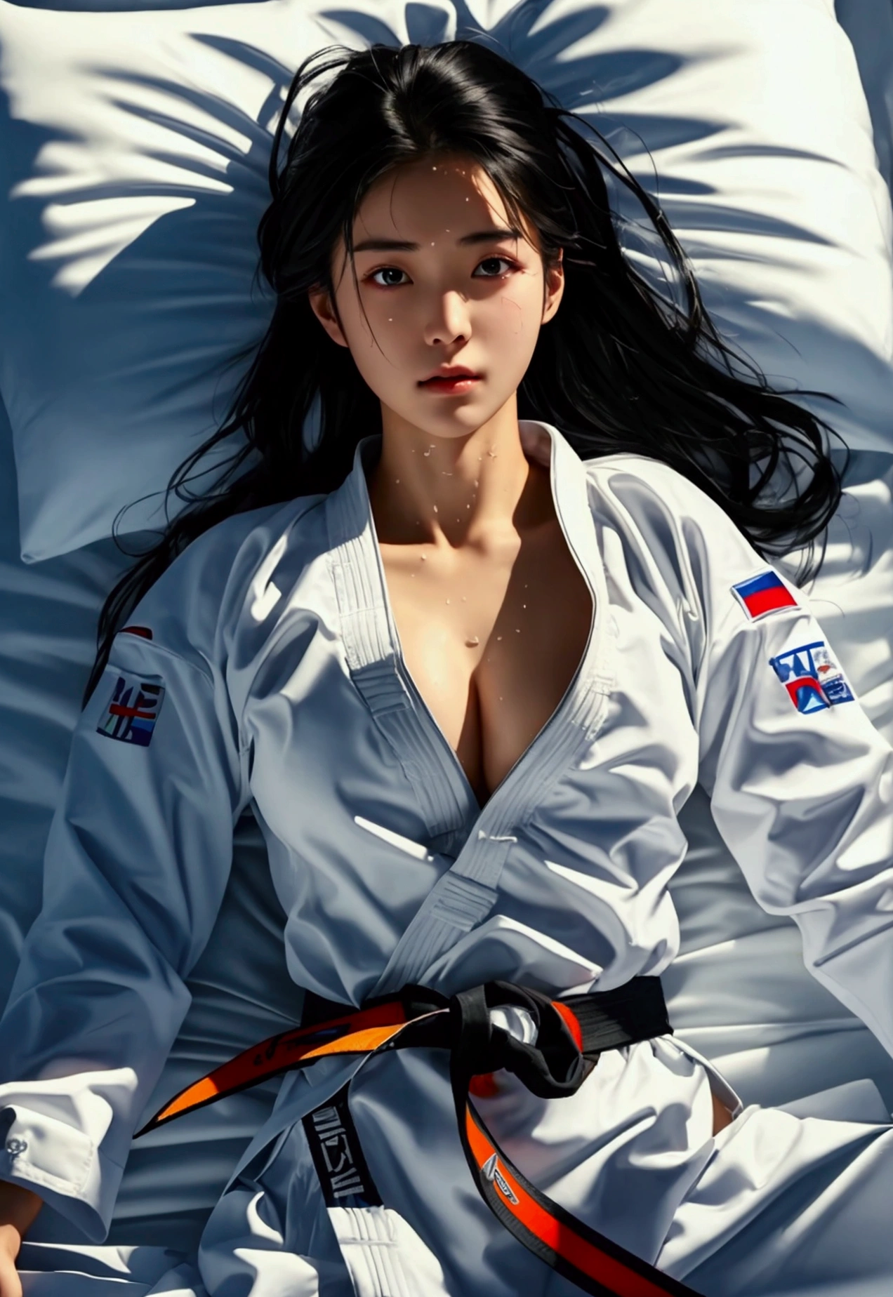 masterpiece, Super detailed, Highest quality, One Korean female taekwondo player, masterpiece, Super detailed, Highest quality, Black and long straight hair, He is wearing a sweaty white World Taekwondo Federation uniform and a black V-neck., Wearing a black belt in Taekwondo, Wearing white martial arts pants with no pockets, Big sweaty ass, Large Breasts, Lying in a wet hotel bed、Show your ass, Sweat on the face