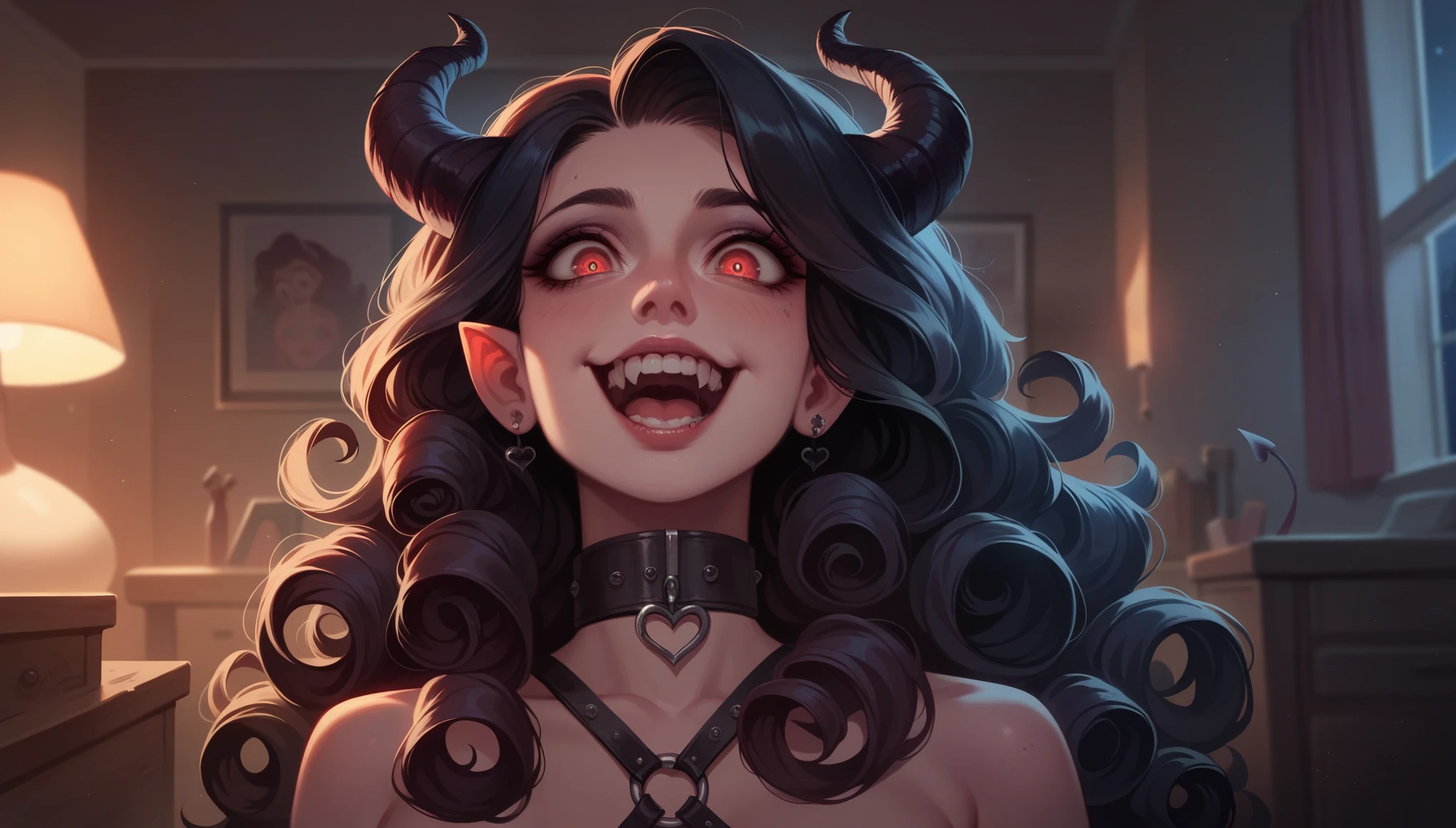 ((Woman)), ((Mommy)), Excited, ((Curly Long Hair)), ((Demon Girl)), Sexy, ((Succubus)), Goth, Submissive, Room, Night, HD, High Resolution, 4K