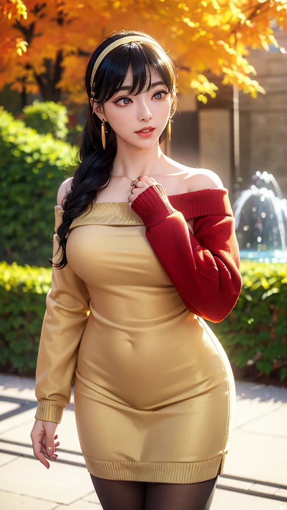 (masterpiece, best quality, glowing light, glistening, shiny skin, ultra detailed, detailed background, complex background),(perfect face, detailed face, detailed eyes,perfect hands,perfect fingers), (large boobs:1.2,smile),(mature female:1.4),cowboy shot,thicc,
yor,long hair,((gradient hair)),multicolored eyes, gradient eyes, (glowing eyes:1.5), mascara, (fashion make up), parted lips, hairband, jewelry, earrings, hair ornament, hair flower, flower, gold hairband,dress, black dress,
((park, fountain, leaves in the air, wall, autumn, trees)),((super detailedmasterpiece, best quality, highres, bbyorf, long hair, white hairband, red eyes, gold earrings, large breasts, jewelry, off shoulder, red sweater, sweater dress, long sleeves, black pantyhose, cowboy shot, standing, outdoors background)), dynamic poses, ((8k wallpaper)), 