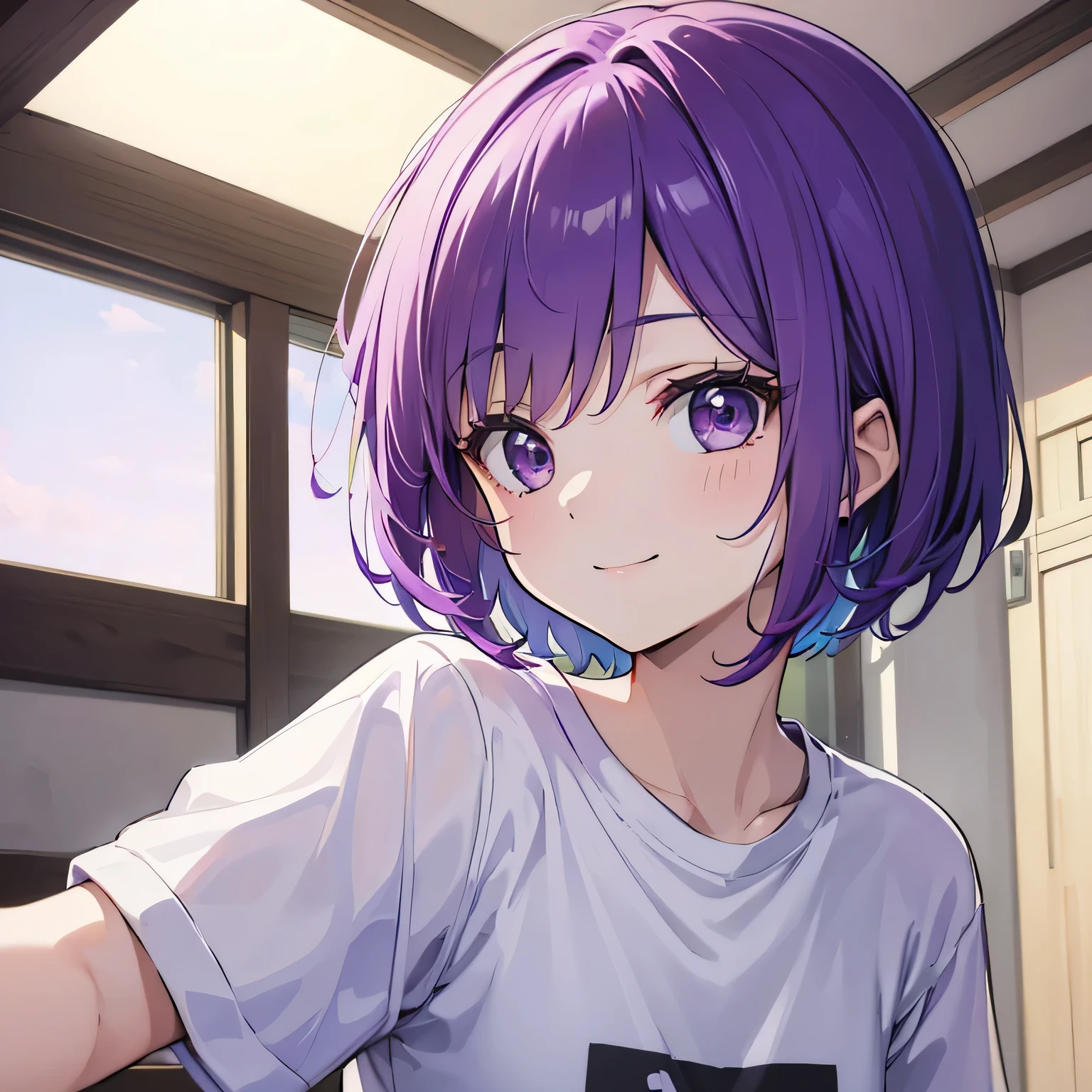 (T Masterpiece，4K wallpaper，Best Quality))、((girl１people))、(solo)、Bright and Brilliant，(Purple Hair)、(short hair:1.3)、smile、Bedroom、T-Shirtorning