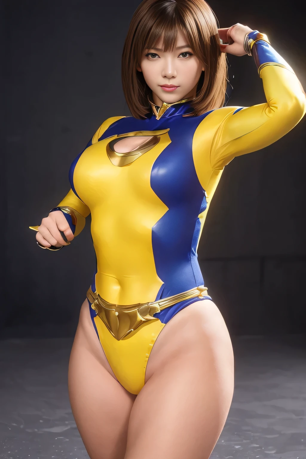 (high resolution, masterpiece, best quality, extremely detailed CG, anime, masterpiece, best quality, agrias, a woman, solo, Super Heroine Beautiful body, yellow and blue leotard, Wavy hair, big breast, hero belt, hands on up, sexy pose