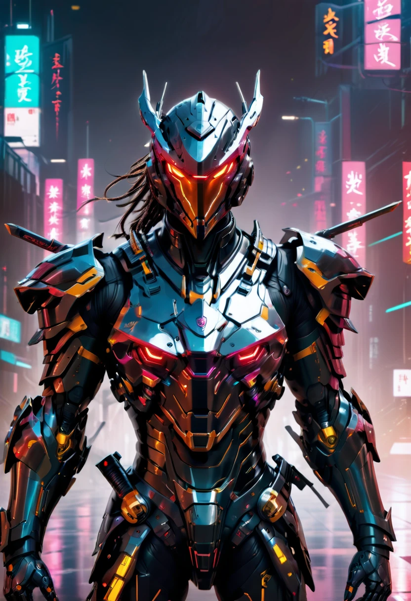 (Masterpiece), (beste-Qualit), portraite of a, (ciberpunk),(Male samurai, blue skin, White short hair), (Demon Helmet Mask, Plate Armor), Sateen, the night, (neon lights), The city