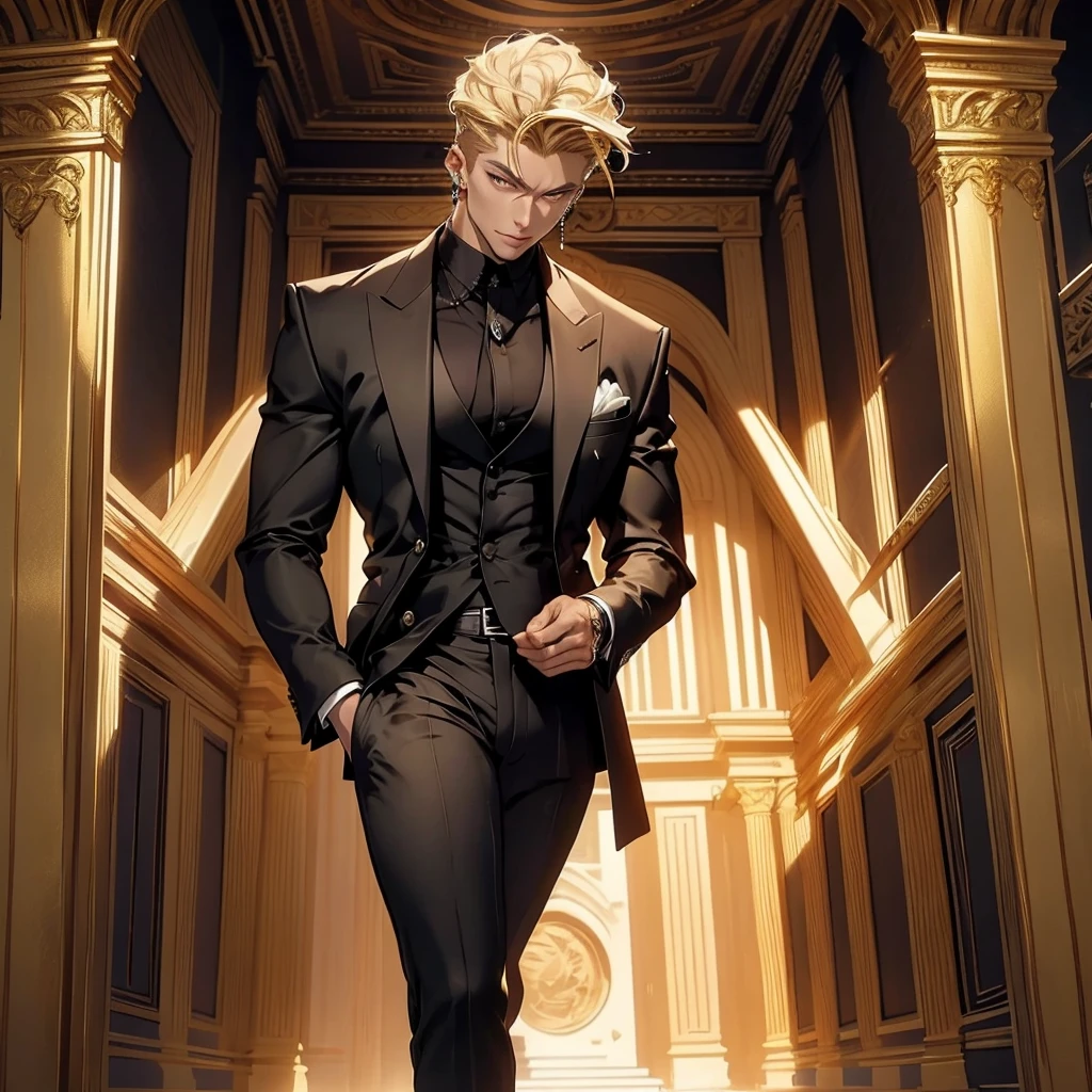 Masculine man with well-defined large and muscular body short blonde hair golden eyes wearing black very revealing dress suit full body character sexy face attractive very masculine. It is located inside a large luxury palace