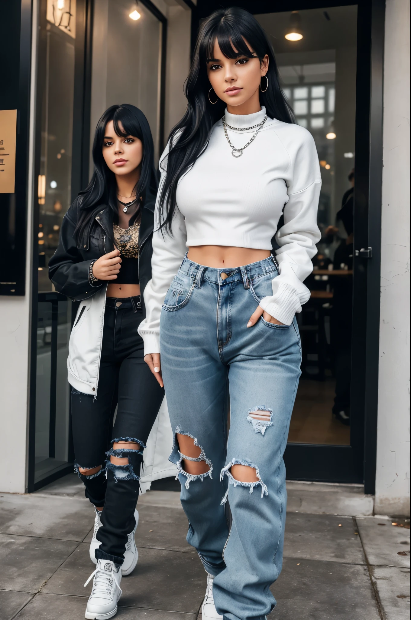 ((best quality)), ((masterpiece)), (detailed), 1girl, white pull neck top covering neck white big oversized jacket , black gloves big ripped denim jeans baggy jeans jacket black baggy oversized high waist sweatpants necklace chain long sleeves covering both hands in pockets skinny small sexy brest, looking at the camera,, ankle boots heels long black hair with bangs luxury restaurant date night, night out, looking at the camera full body view, walking, wearing black gloves both hands in pockets baggy pants both hands in pockets of jacket