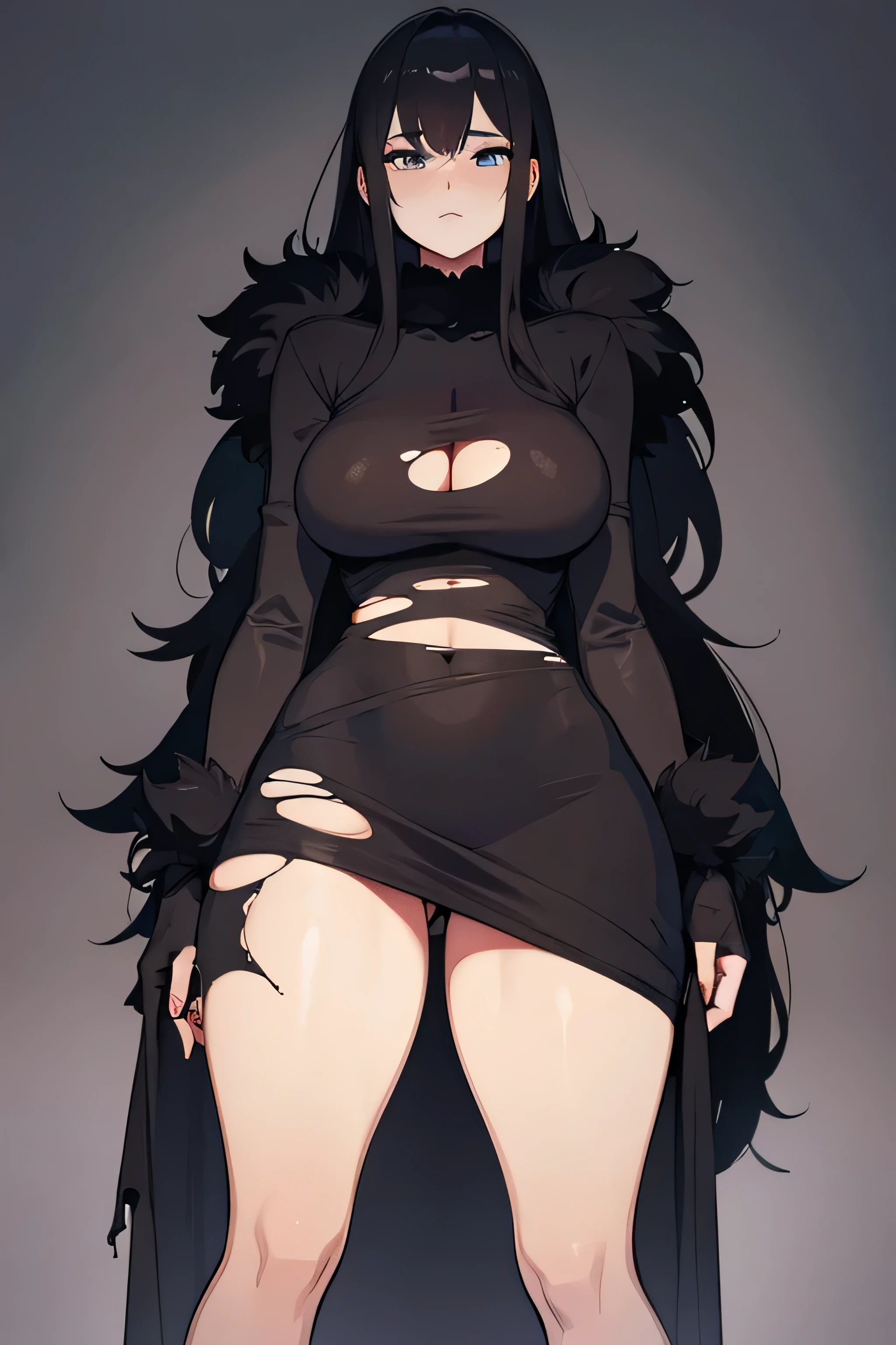 a giant woman,20 years,torn clothes,black fur,