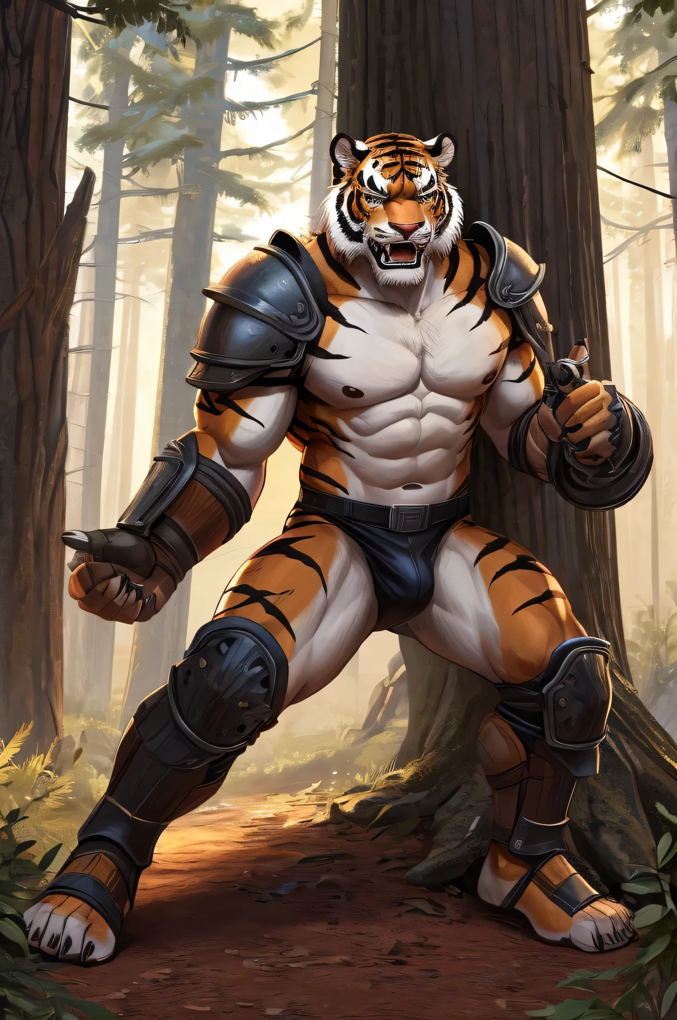 male tiger, eyes, Young adults,strong,elegant,guerrero,attractive body,Tiger Claw,scantily clad(Scapula,armor knee pads ,torn black briefs,Bare chest and abdomen,bare thighs,barefoot),Expression(vigilante,gnashing of teeth),action(Open your legs,Lower your center of gravity,vigilante),alone,Looking angry at the camera,Challenge the camera character to a duel.,Environment(Clearing in open forest,There are few low weeds around.,There are pine trees in the distance.)