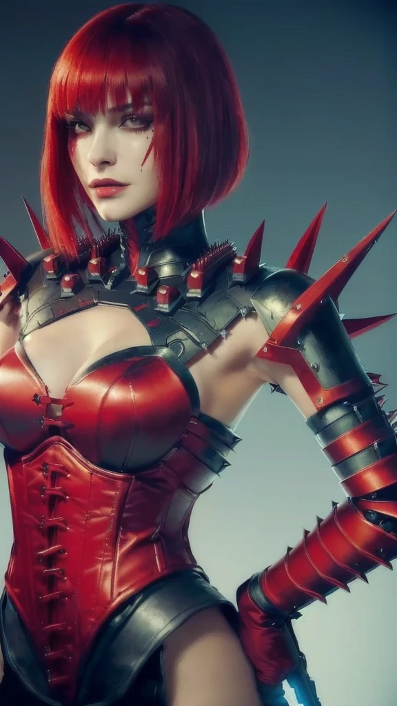 ((facing forward and looking at the camera)), A painting of a woman wearing a corset with spikes around her chest, Holy Cyborg Necromancer Girl, Woman in red armor, Dominant Assassin Robot, Evil Princess of the Wasteland, Very beautiful berserker woman, fleshy - cyborg - zombie, no more heroes Concept Art, Devil May Cry's V appears as an elf, Bloody + Concept Art, facing forward and looking at the camera