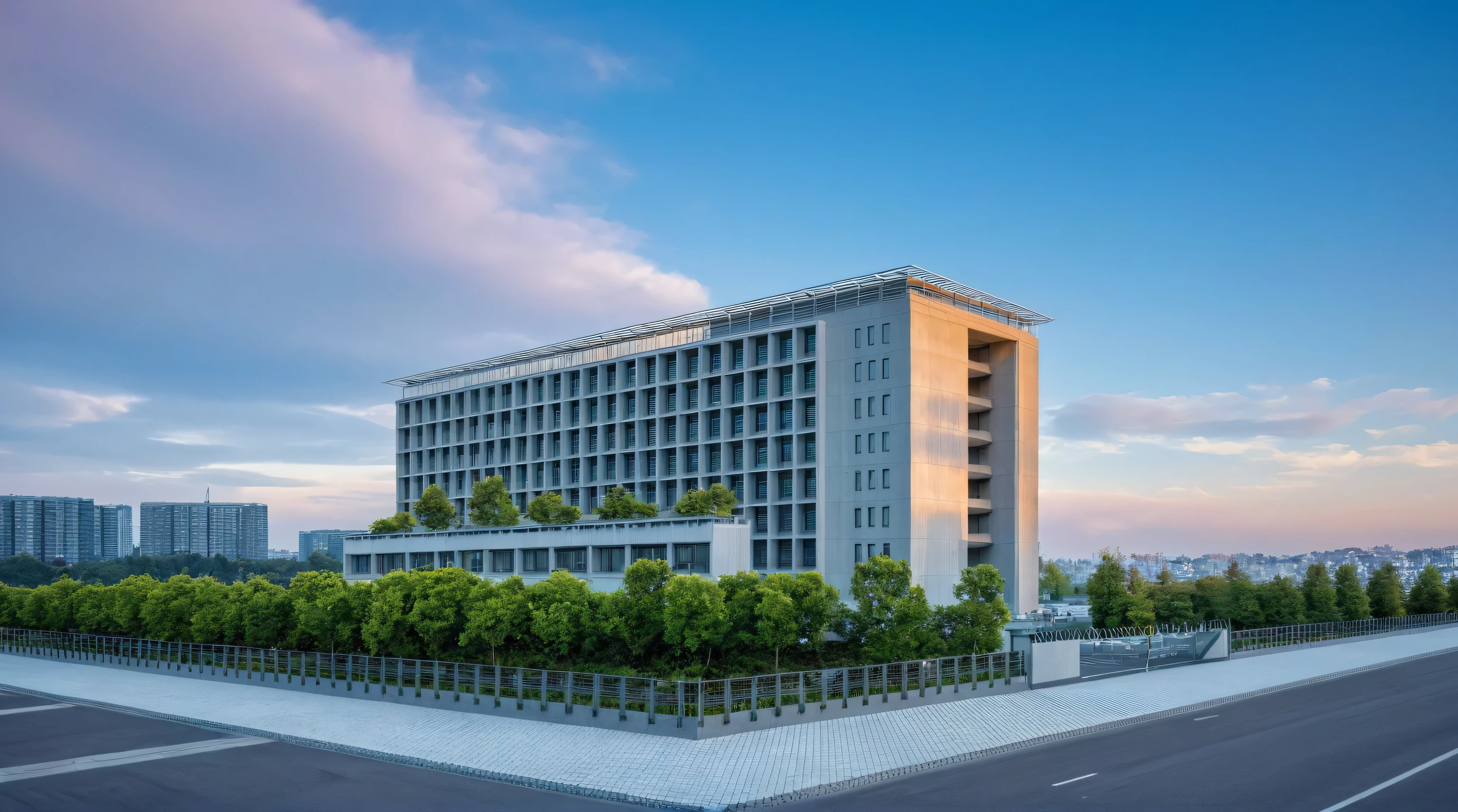 outdoor of modern hopital, with grid detailing on an urban street corner, overlooking city streets. Architectural photography of an architectural masterpiece with a full building view, vivid color, natural lighting, masterpiece, best quality, ultra quality, absurd details, best light, best shadow, 