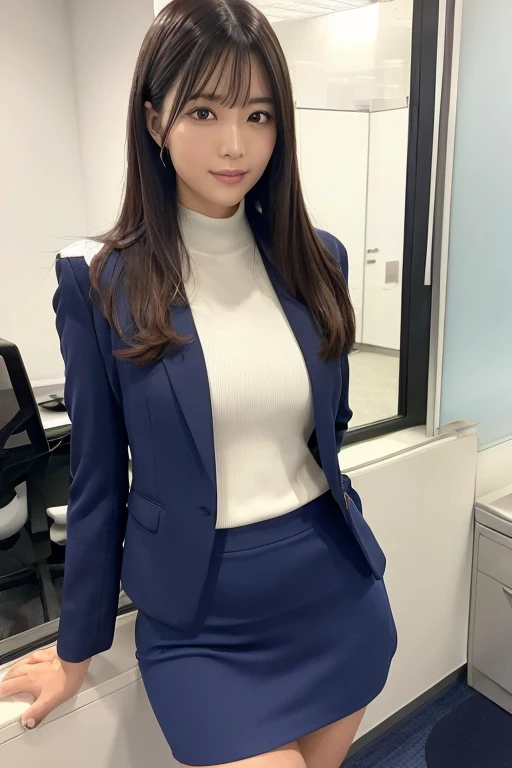 Long Hair, One female, suit, Slender beauty, Age 25, Japan OL,((Open-necked shirt 1.2,Dark blue tight mini skirt 1.2)),((Shiny skin 1.5)),（Thighs）,high quality,(Sweaty chest:1.2),A dignified appearance,Plump Style,Ultra-realistic,Ultra-high resolution,Beautiful Face,smile,(Office lady suit:1.2),