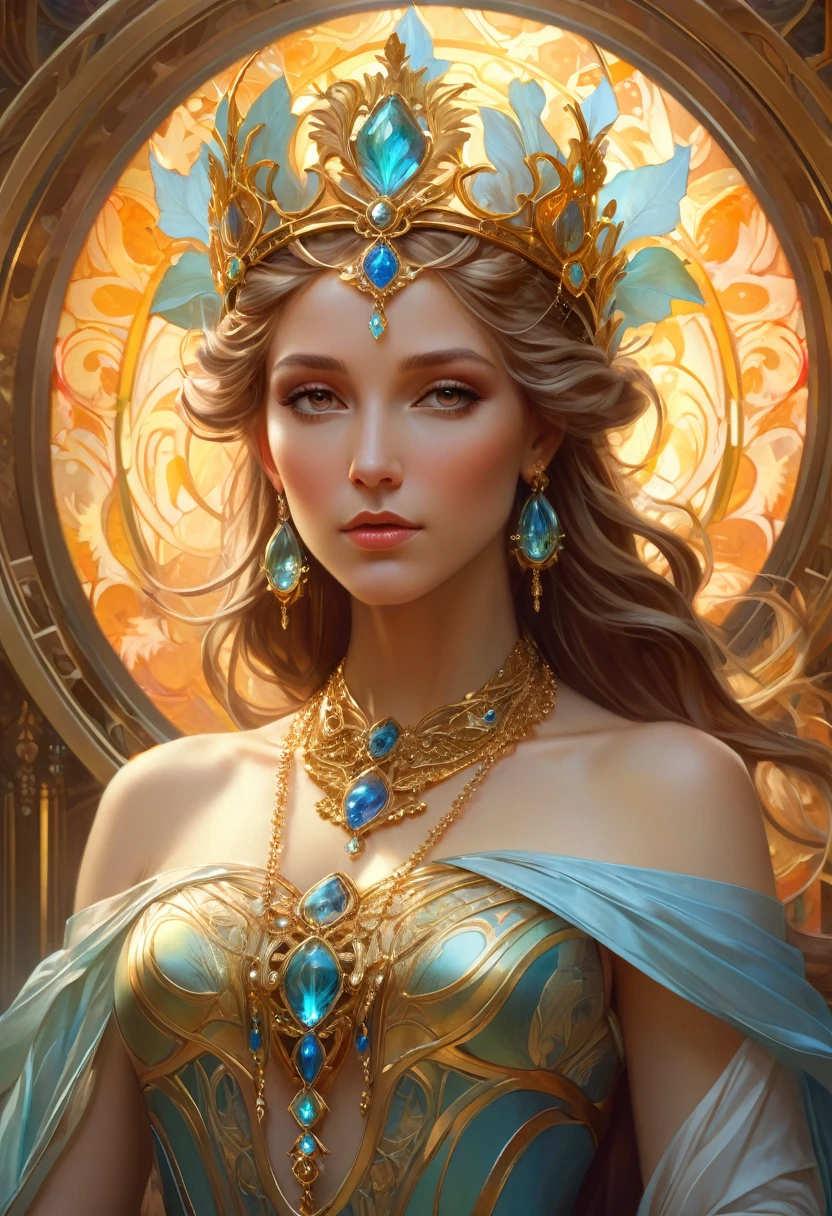 portrait of etheral goddess, intricate, elegant, highly detailed, digital painting, artstation, concept art, smooth, sharp focus, illustration, art by artgerm and greg rutkowski and alphonse mucha and william - adolphe bouguereau and stephanie law , epic royal background, big royal uncropped crown, royal jewelry, robotic, nature, full shot, symmetrical, Greg Rutkowski, Charlie Bowater, Beeple, Unreal 5, hyperrealistic, dynamic lighting, fantasy art