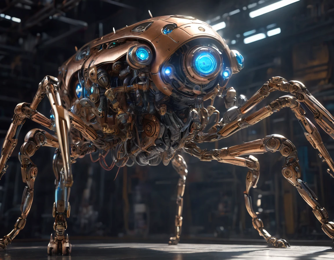 a mechanical creature, highly detailed mechanical body, intricate gears and mechanisms, glowing blue eyes, copper and brass accents, futuristic sci-fi design, dynamic pose, cinematic lighting, photorealistic, 8k, (best quality, 4k, 8k, highres, masterpiece:1.2), ultra-detailed, (realistic, photorealistic, photo-realistic:1.37), cinematic, dramatic shadows, volumetric lighting, intricate details, mechanical limbs, complex machinery, advanced technology, industrial, mechanical insect, insectoid features, futuristic aesthetic, advanced robotics, (concept art, digital painting, highly detailed:1.2)