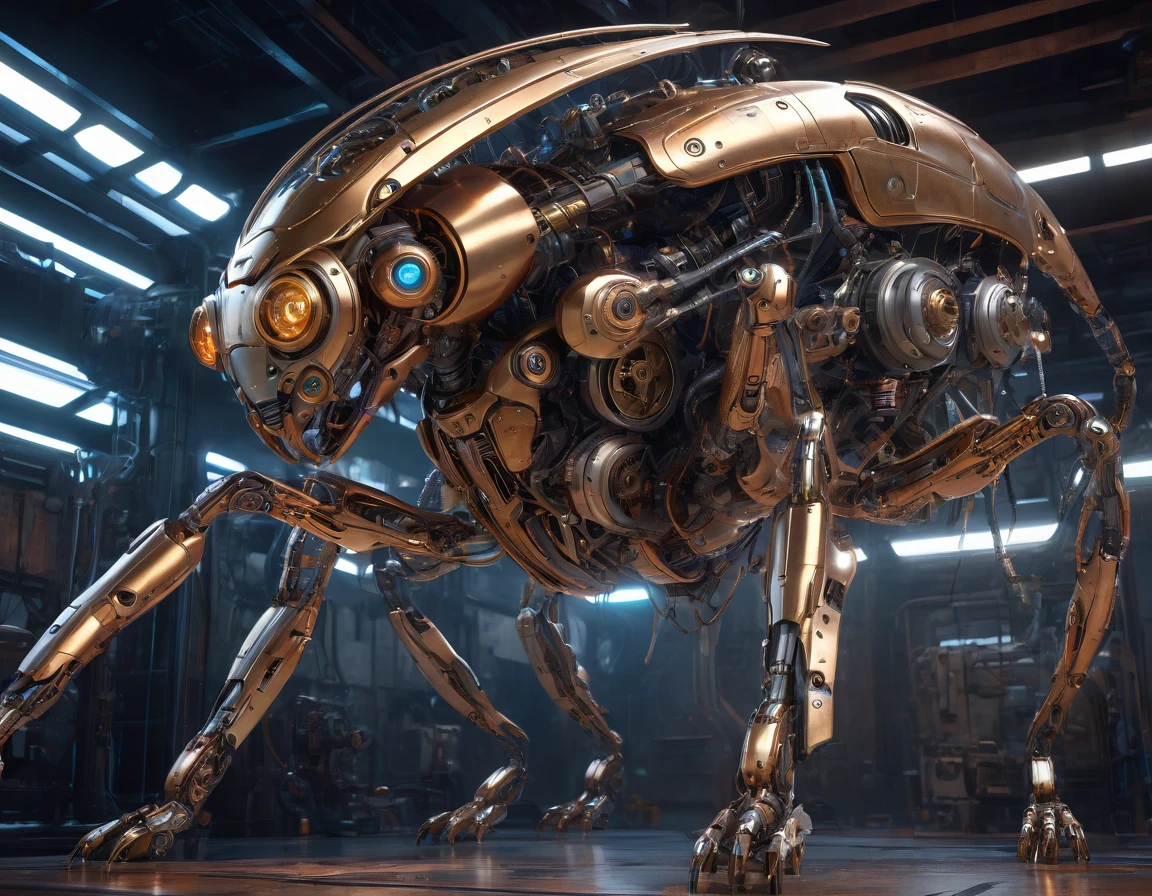 a mechanical creature, highly detailed mechanical body, intricate gears and mechanisms, glowing blue eyes, copper and brass accents, futuristic sci-fi design, dynamic pose, cinematic lighting, photorealistic, 8k, (best quality, 4k, 8k, highres, masterpiece:1.2), ultra-detailed, (realistic, photorealistic, photo-realistic:1.37), cinematic, dramatic shadows, volumetric lighting, intricate details, mechanical limbs, complex machinery, advanced technology, industrial, mechanical insect, insectoid features, futuristic aesthetic, advanced robotics, (concept art, digital painting, highly detailed:1.2)