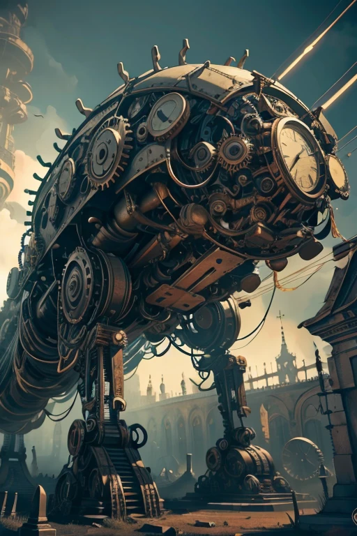 Mechanical Slime monster,  gears, wires, metal plating, clock gears, electric wires,s ,Slime creature with tentacles and many mouths, giant skeletal monster, in the middle of the cemetery masterpiece,Highest quality,8k,High resolution, Fantastic,scary,horrific,  Slime dripping from the bones and gears, copper tubing, steam powered, photorealistic, 8k, high resolution,