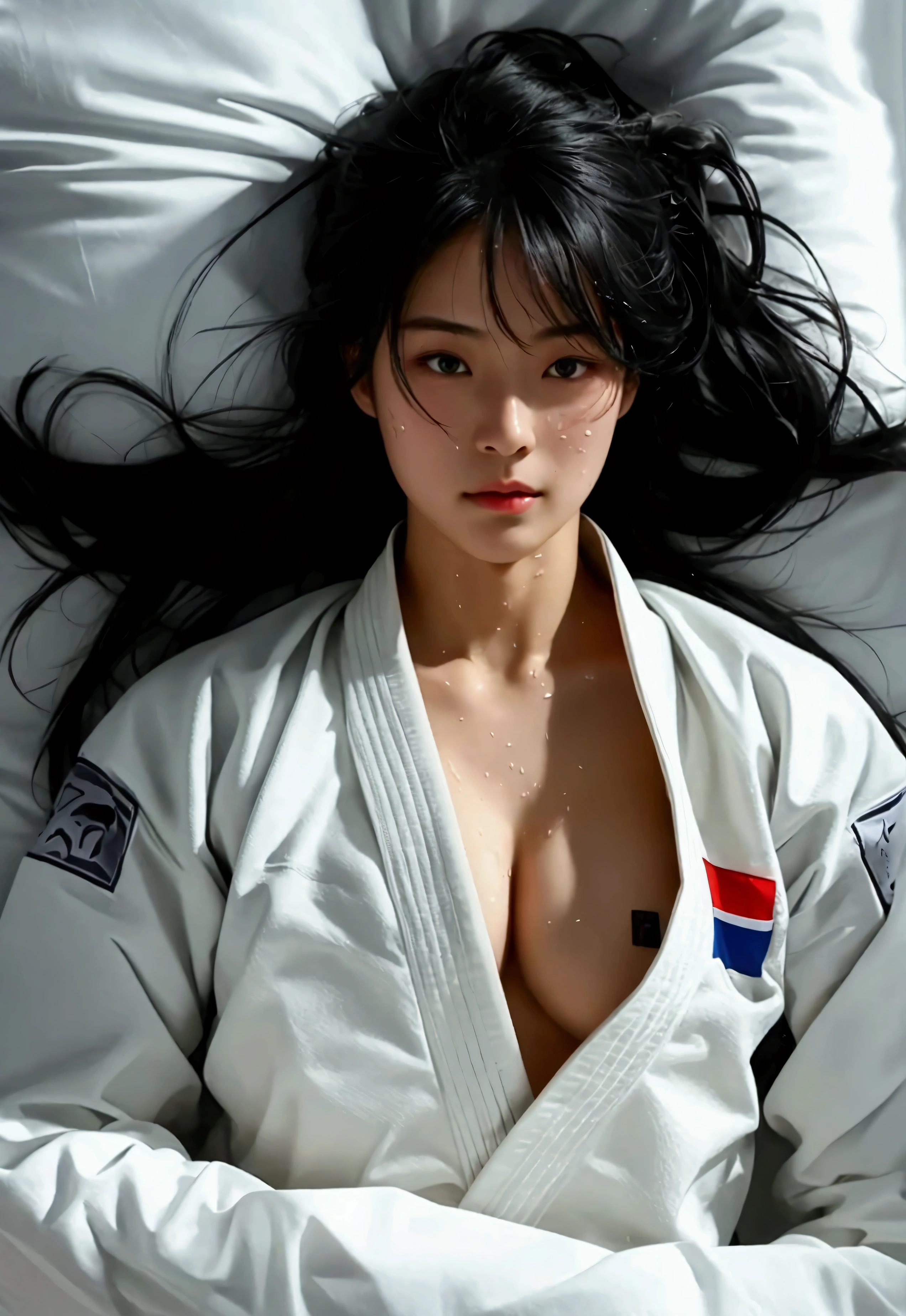 masterpiece, Super detailed, Highest quality, 1 Japanese female judo player, masterpiece, Super detailed, Highest quality, Black and long straight hair, He is wearing a sweaty white World Judo Federation uniform and a black V-neck., Wearing a black belt in judo, Wearing white martial arts pants with no pockets, Big sweaty ass, Large Breasts, Lying in a wet hotel bed、Show your ass, Sweat on the face