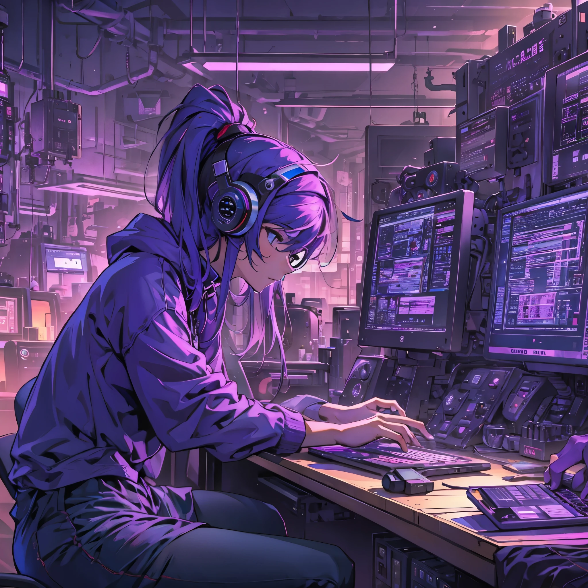 Imagine a MBTI logician、A woman in purple clothes operating a powerful computer in her room。Cyber chic, stylish and cool。