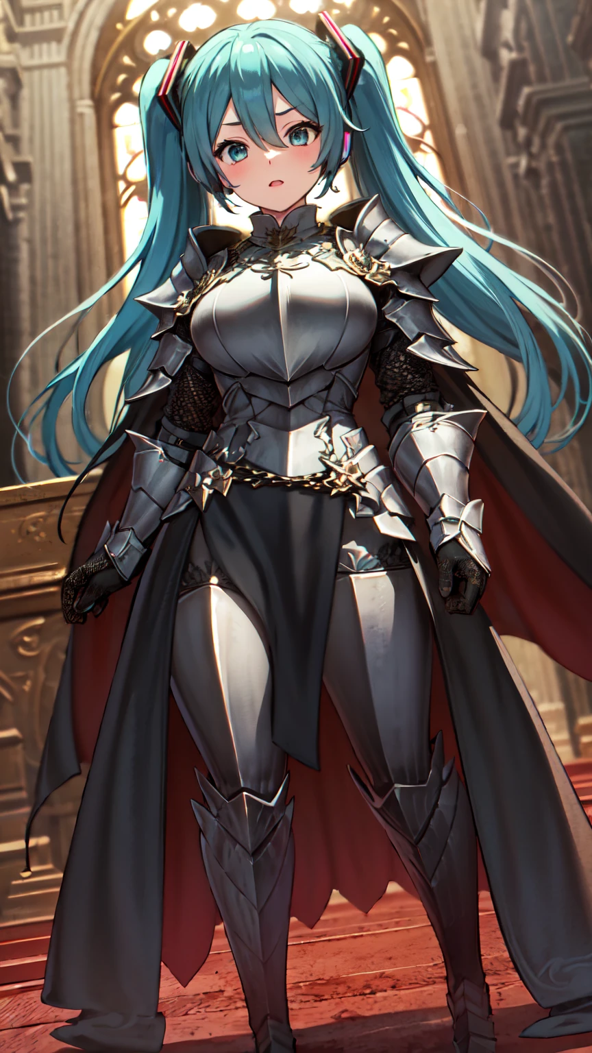 masterpiece, Highest quality, 8K Hatsune Miku VOCALOID, 1 Female, Big Breasts, Equip Cloak, ((Dragon Armor)), {{Full Armor}}, ((knight armor)), black tights, church
