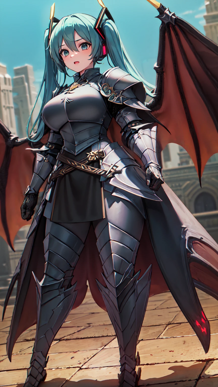 masterpiece, Highest quality, 8K Hatsune Miku VOCALOID, 1 Female, Big Breasts, Equip Cloak, ((Dragon Armor)), {{Full Armor}}, ((knight armor)), black tights, church