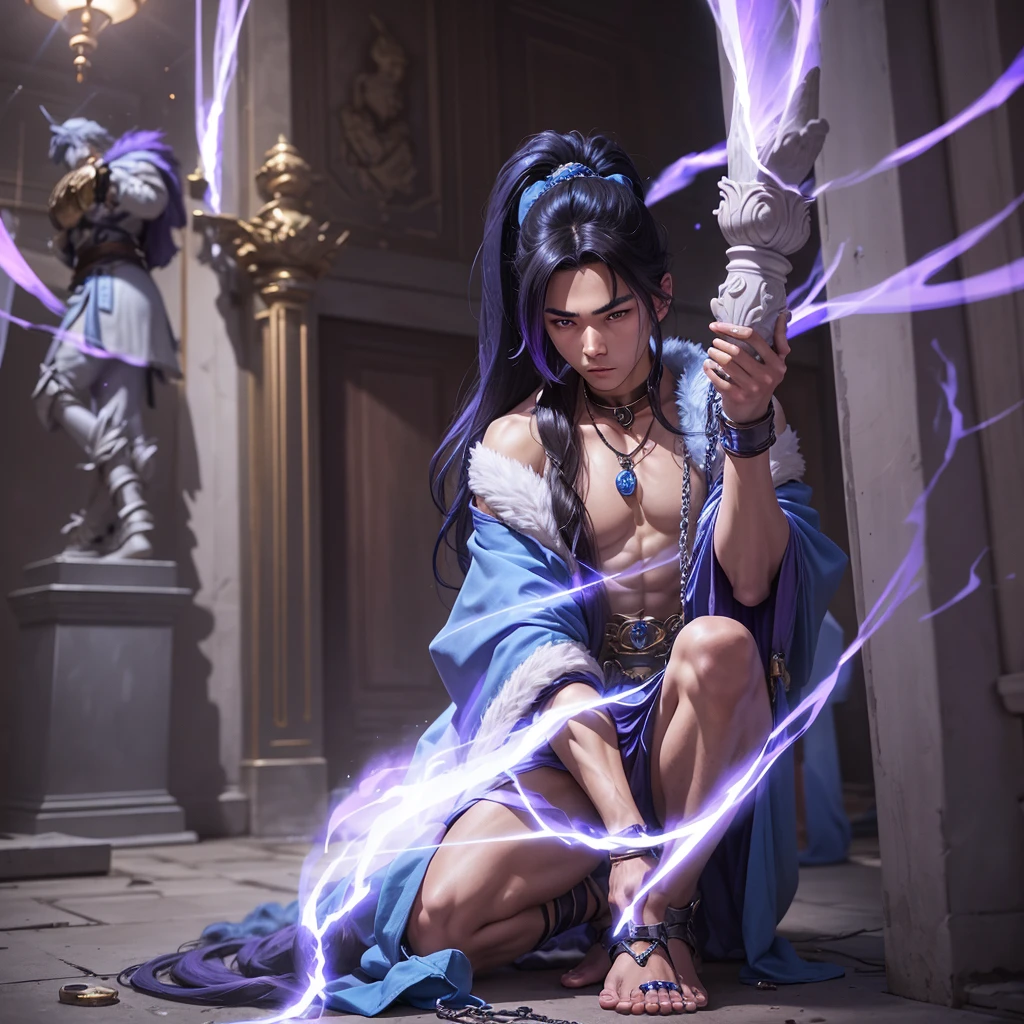 male character, young asian, dark-haired, with a long ponytail bright blue eyes. Wearing only white underwear. with a blue and purple fur cloak over her shoulders. with hair accessories. chained to the feet of a statue, in a hall lit by a lilac light. with remains of machines, precious stones around