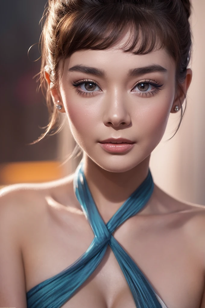 Model shooting style, Audrey Hepburn, (Highly detailed 8K wallpapers), Playboy Centerfold, Tim Okamura、Marco Mazzoni、Yoann Rossell, Popularity, Digital Painting, Photorealism, Exciting, Fairy Lights, Pastel Palette, Intricate details, Digital Art, society, masterpiece, Diversity, ((Perfect Face))