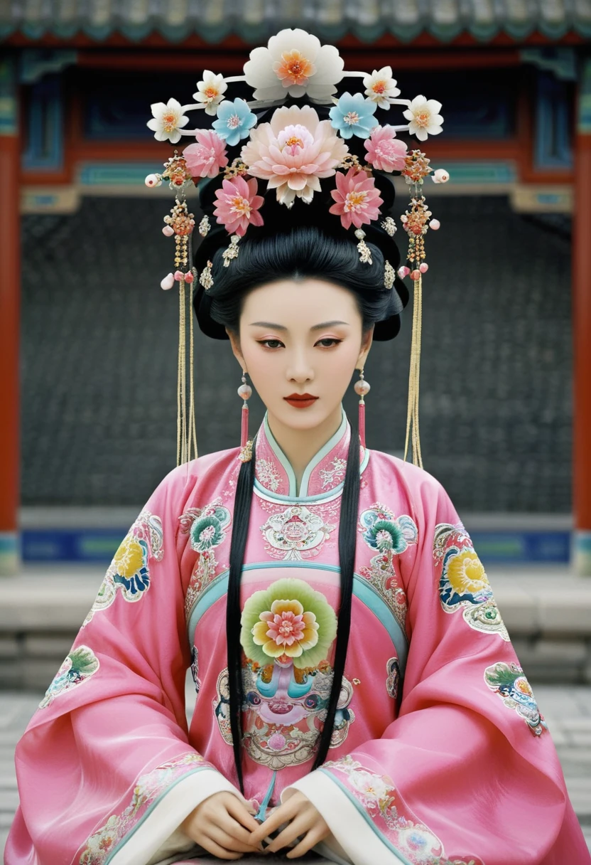Qing Dynasty Empress in Chinese Imperial Court Playing with her pubic hair Qing Dynasty Empress Chinese Empress Wearing a Large Crown Her hair is decorated with a large flower and a large crown　 Her hair is tied up and pulled up. The background is the stone paving outside the Qing Dynasty.