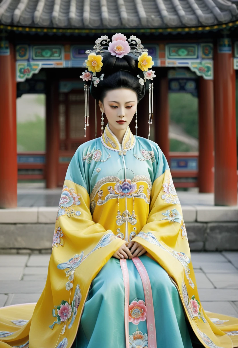 Qing Dynasty Empress in Chinese Imperial Court Playing with her pubic hair Qing Dynasty Empress Chinese Empress Wearing a Large Crown Her hair is decorated with a large flower and a large crown　 Her hair is tied up and pulled up. The background is the stone paving outside the Qing Dynasty.