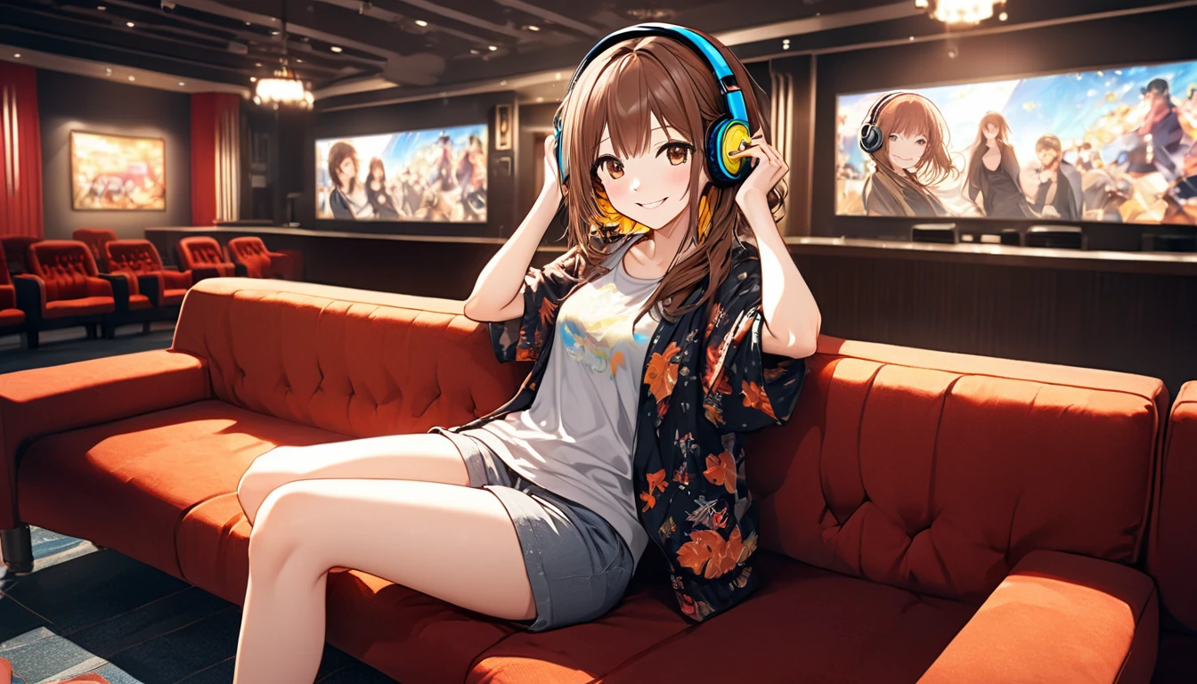 Brown-haired girl wearing headphones、Cinema lobby highly detailed、masterpiece, Highest quality, Light background：Modern cinema lobby look：Hopeful Smile Costume：Casual movie watching style pose：Sitting on a sofa in the lobby：The vibrant atmosphere of the cinema
(Detailed fingers), (Emotional), (Breathtakingly beautiful), (main part:1.2 Whole body), (Anime Style), (Very detailed), (超High resolution, High resolution), (8k), (Complex and beautiful: 1.2)
