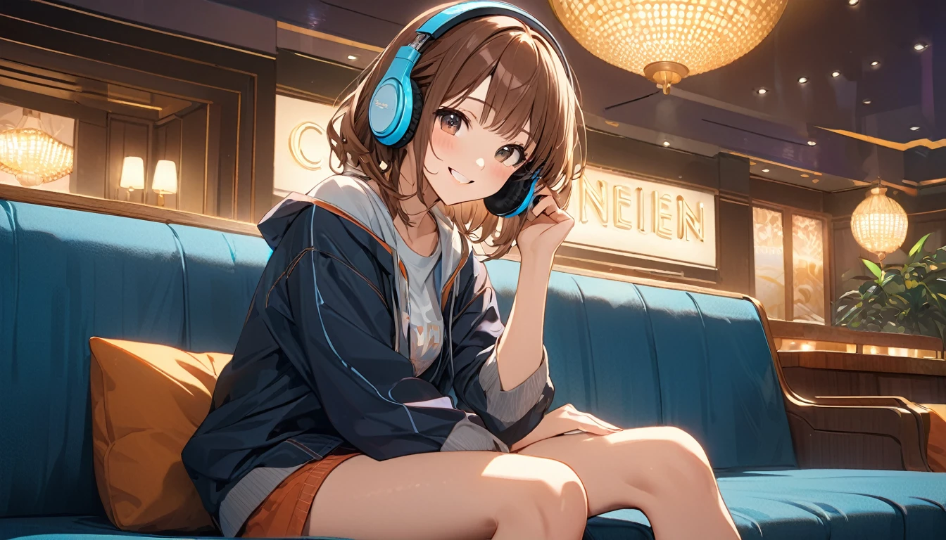 Brown-haired girl wearing headphones、Cinema lobby highly detailed、masterpiece, Highest quality, Light background：Modern cinema lobby look：Hopeful Smile Costume：Casual movie watching style pose：Sitting on a sofa in the lobby：The vibrant atmosphere of the cinema
(Detailed fingers), (Emotional), (Breathtakingly beautiful), (main part:1.2 Whole body), (Anime Style), (Very detailed), (超High resolution, High resolution), (8k), (Complex and beautiful: 1.2)
