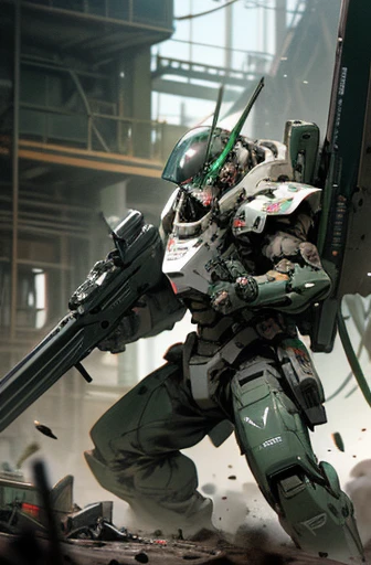 military robot,meca,droid,heaby armor massive,human_not,anime style,holding_beamrifle,masterpiece,best quality,super detailed,super fine illustration,8k,industry meca design,green color,giant size.Break in battlefield,detailed background,Break the robot conflict with enemy.